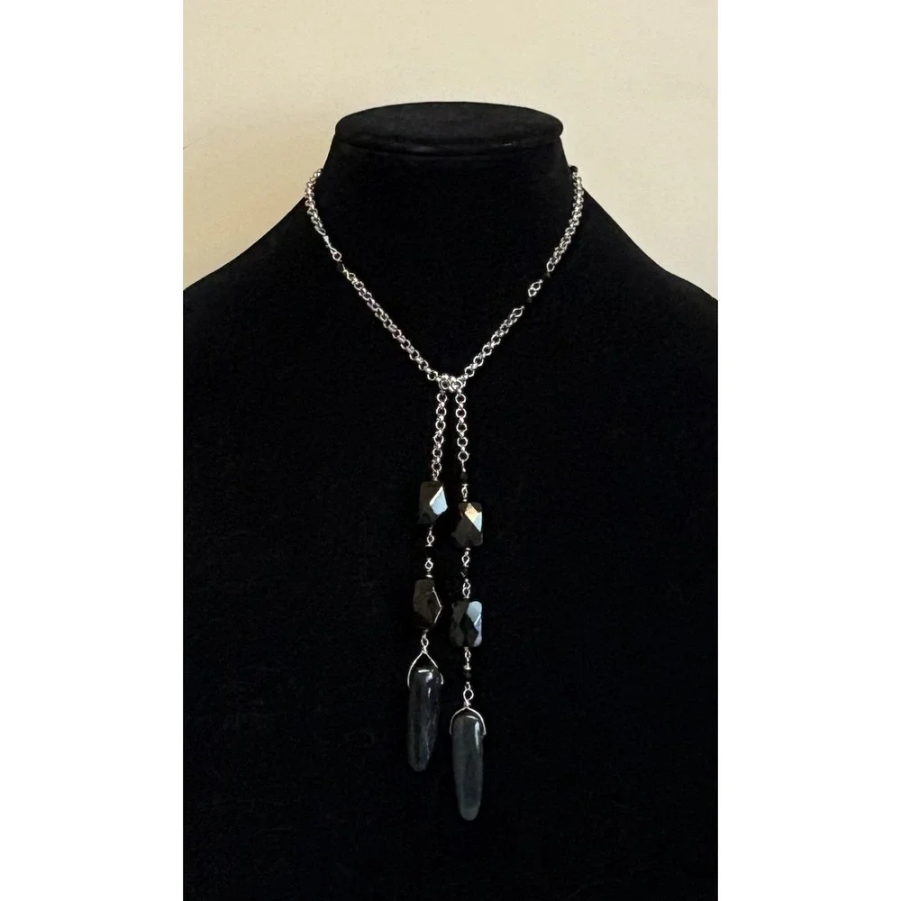 Vintage Black Onyx Glass Beads Sterling Silver Chain 